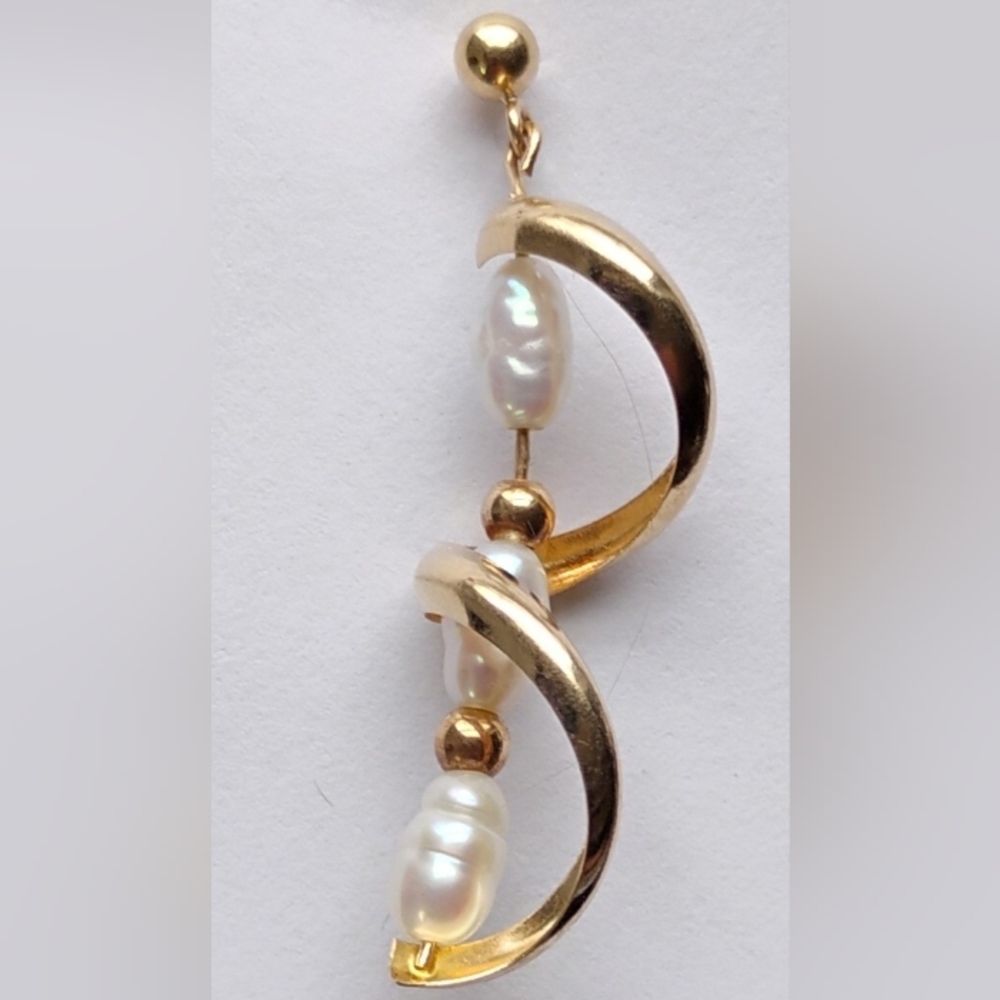 Vintage Earring 14k Yellow Gold Natural Pearls Dangle & Twist Single Replacement